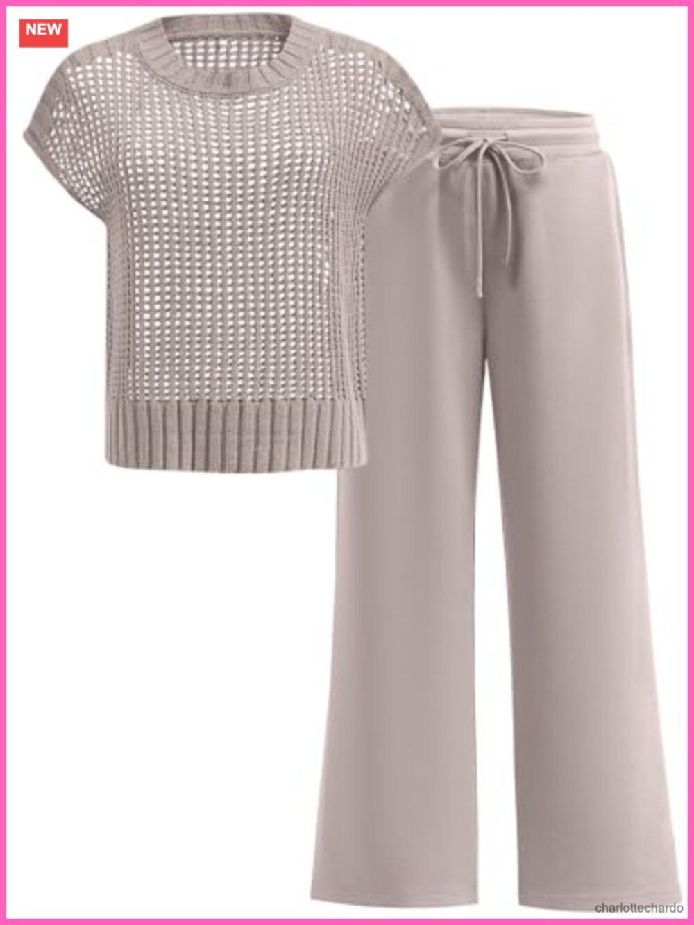 Two Piece Lounge Outfit Crochet Knit Sweater Wide Leg Pants Set